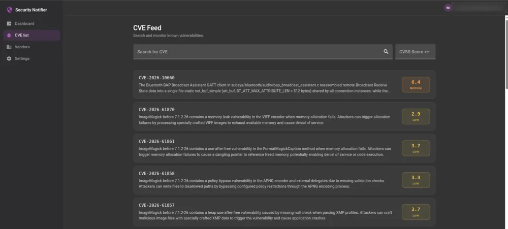 Searchable CVE feed with severity scores
