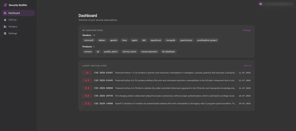 Security Notifier dashboard with subscriptions and the latest critical CVEs