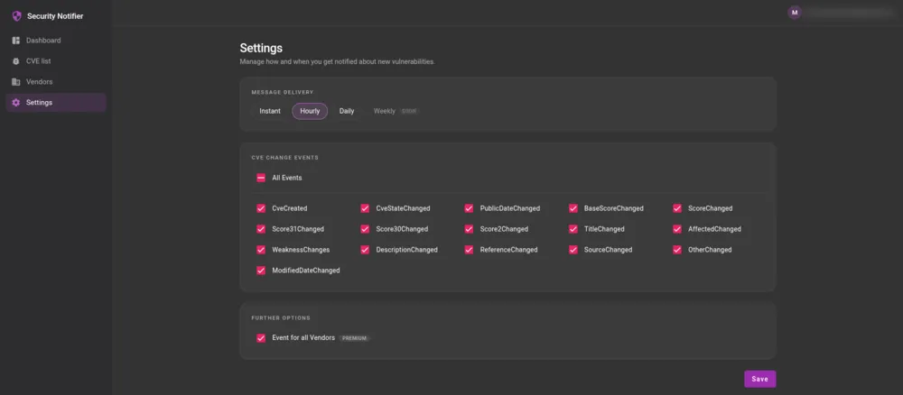 Notification settings with delivery frequency and CVE change events