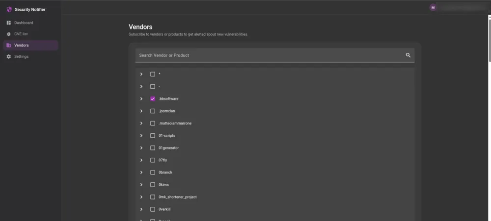 Searchable vendor catalog used to subscribe to vendors and products